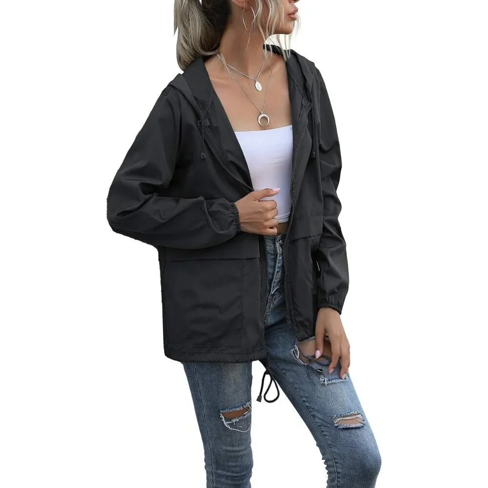 Women's Waterproof Raincoat Lightweight Rain Jacket Hooded Windbreaker with Pock